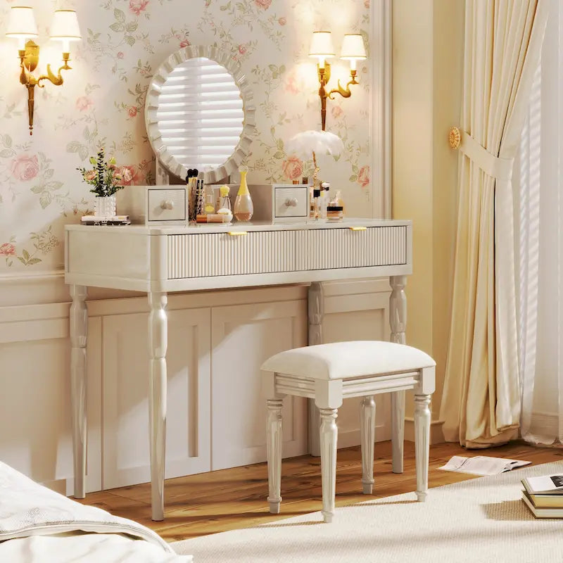 Coiffeuse de luxe avec miroir rond, réglable en hauteur, ensemble de coiffeuse élégant, 4 tiroirs et tabouret