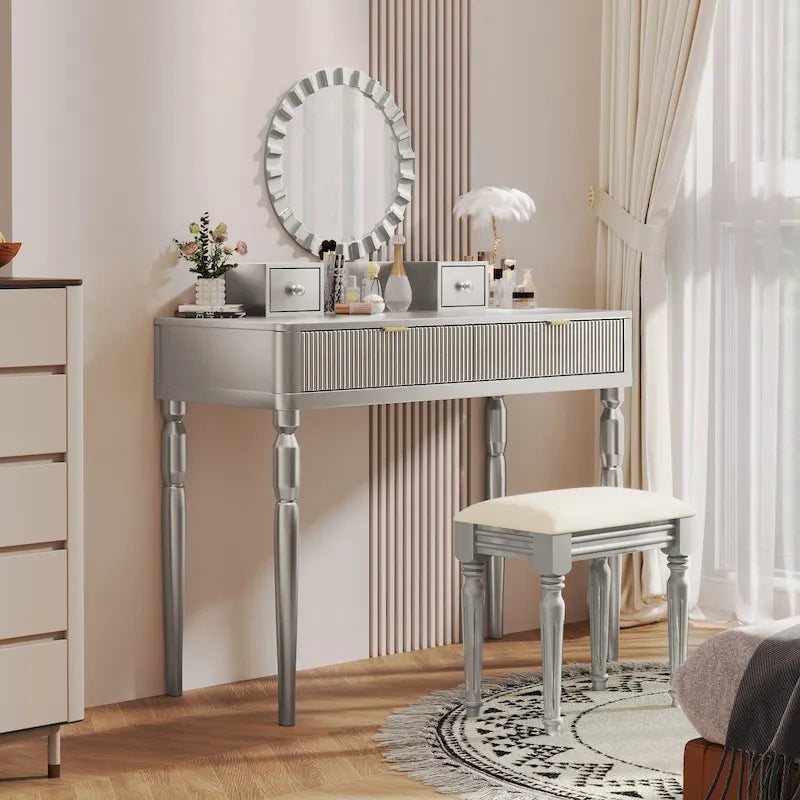 Coiffeuse de luxe avec miroir rond, réglable en hauteur, ensemble de coiffeuse élégant, 4 tiroirs et tabouret