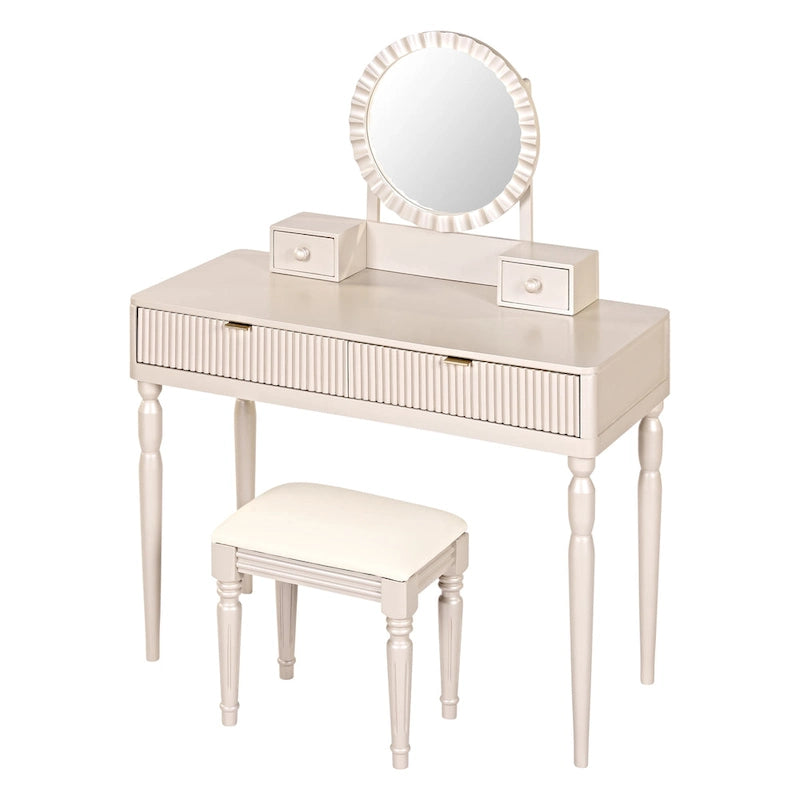 Coiffeuse de luxe avec miroir rond, réglable en hauteur, ensemble de coiffeuse élégant, 4 tiroirs et tabouret