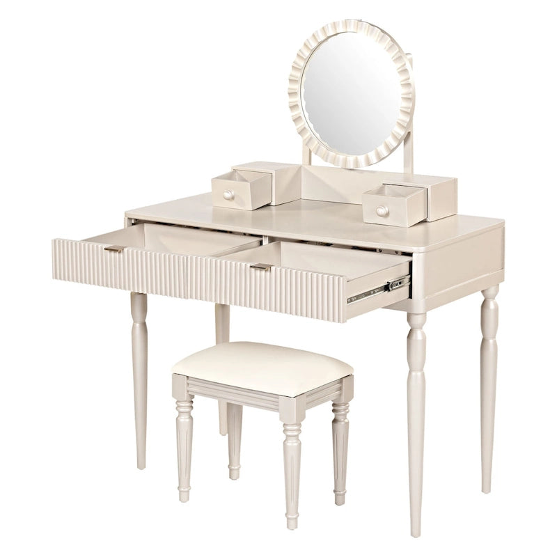 Coiffeuse de luxe avec miroir rond, réglable en hauteur, ensemble de coiffeuse élégant, 4 tiroirs et tabouret