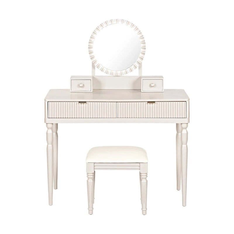Coiffeuse de luxe avec miroir rond, réglable en hauteur, ensemble de coiffeuse élégant, 4 tiroirs et tabouret
