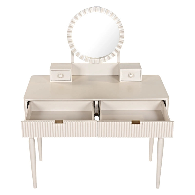 Coiffeuse de luxe avec miroir rond, réglable en hauteur, ensemble de coiffeuse élégant, 4 tiroirs et tabouret