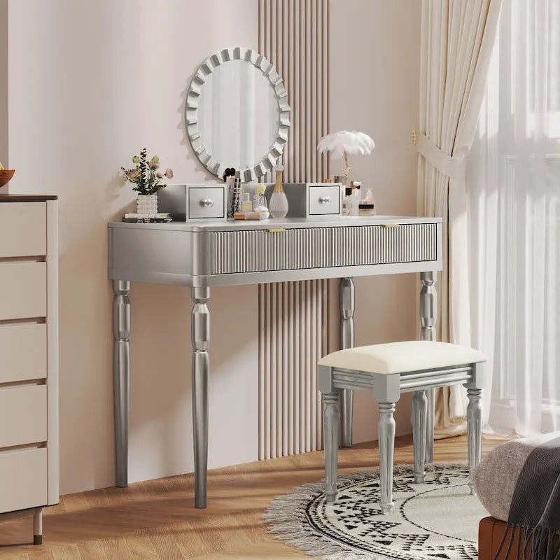 Coiffeuse de luxe avec miroir rond, réglable en hauteur, ensemble de coiffeuse élégant, 4 tiroirs et tabouret