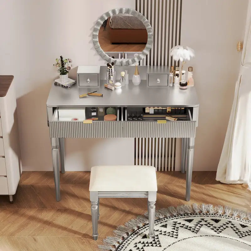 Coiffeuse de luxe avec miroir rond, réglable en hauteur, ensemble de coiffeuse élégant, 4 tiroirs et tabouret