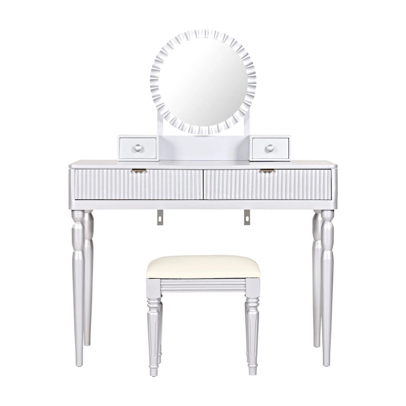 Coiffeuse de luxe avec miroir rond, réglable en hauteur, ensemble de coiffeuse élégant, 4 tiroirs et tabouret