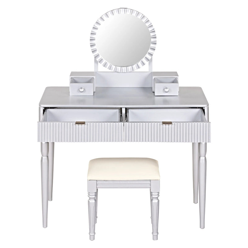 Coiffeuse de luxe avec miroir rond, réglable en hauteur, ensemble de coiffeuse élégant, 4 tiroirs et tabouret