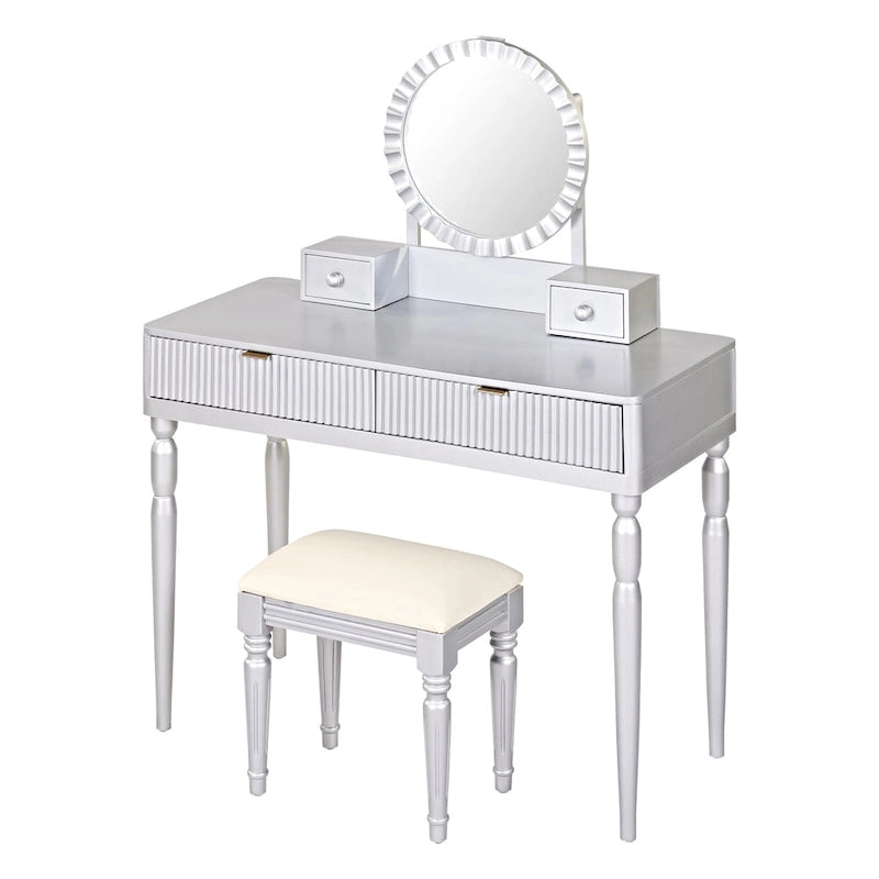 Coiffeuse de luxe avec miroir rond, réglable en hauteur, ensemble de coiffeuse élégant, 4 tiroirs et tabouret