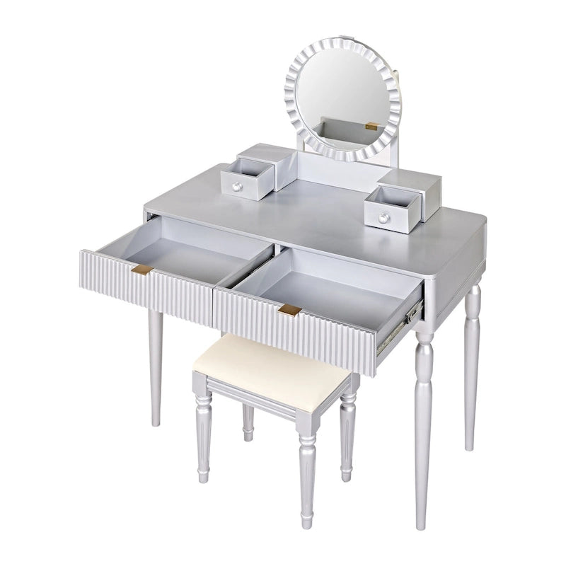 Coiffeuse de luxe avec miroir rond, réglable en hauteur, ensemble de coiffeuse élégant, 4 tiroirs et tabouret