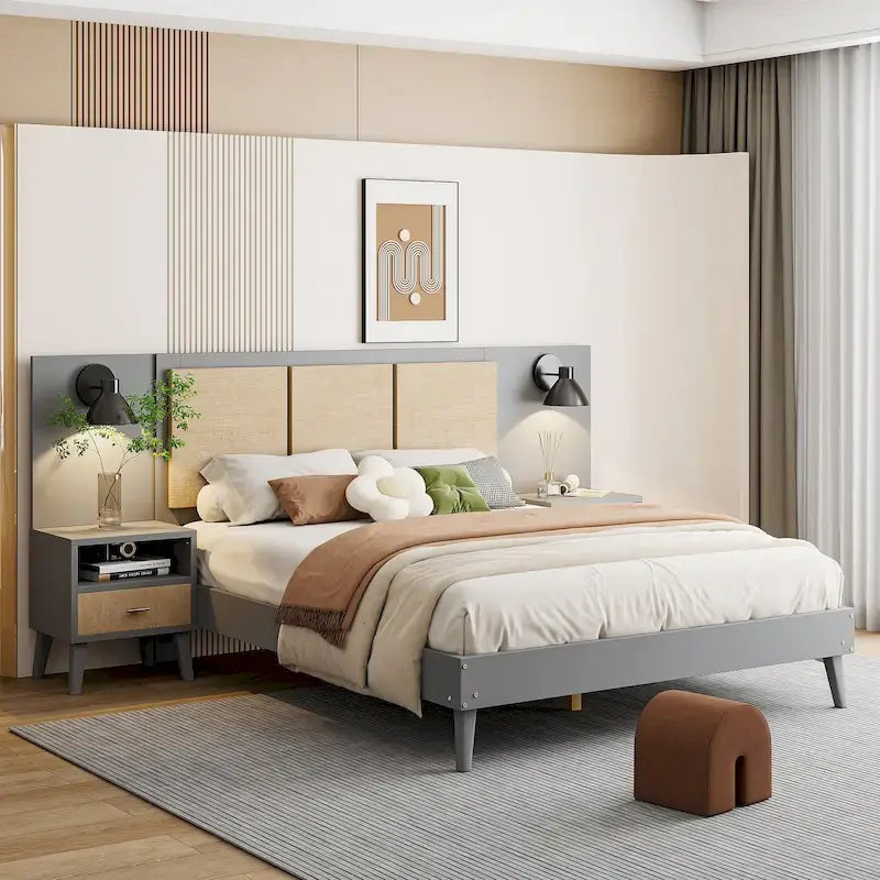 Lit plateforme Queen Size en bois massif avec tables de chevet intégrées et lampes de tête de lit