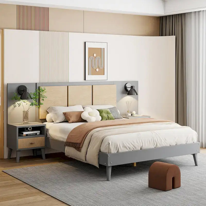 Queen Size Solid Wood Platform Bed Frame with Built-In Nightstands And Headboard Lamps