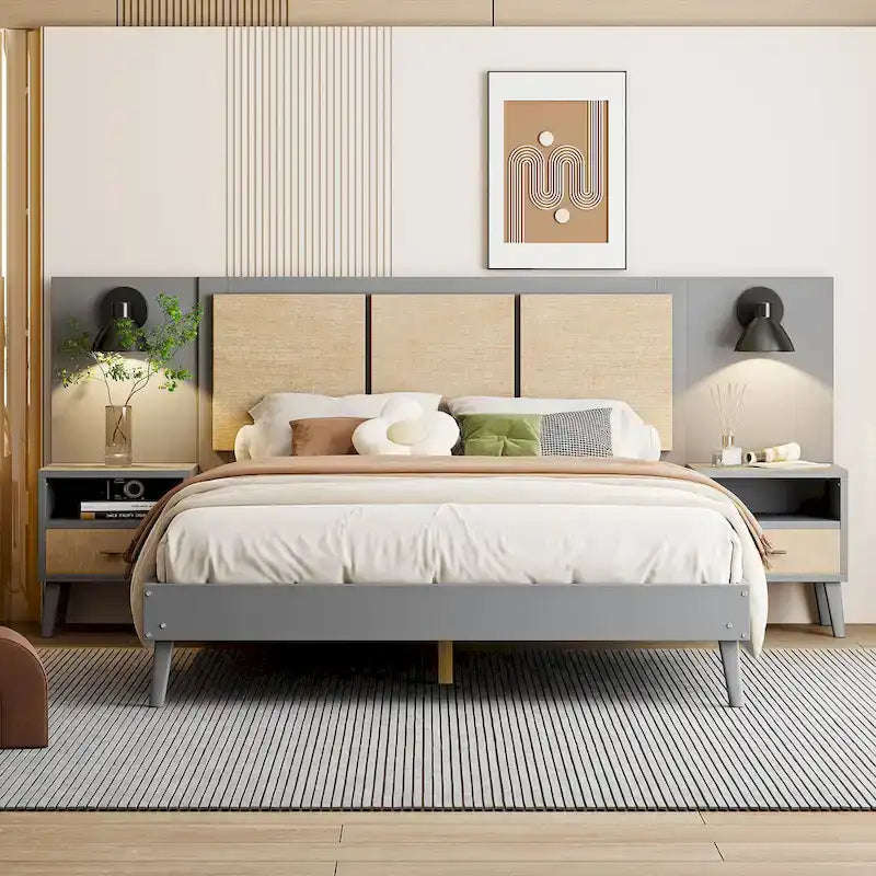 Lit plateforme Queen Size en bois massif avec tables de chevet intégrées et lampes de tête de lit
