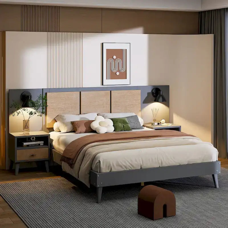 Lit plateforme Queen Size en bois massif avec tables de chevet intégrées et lampes de tête de lit