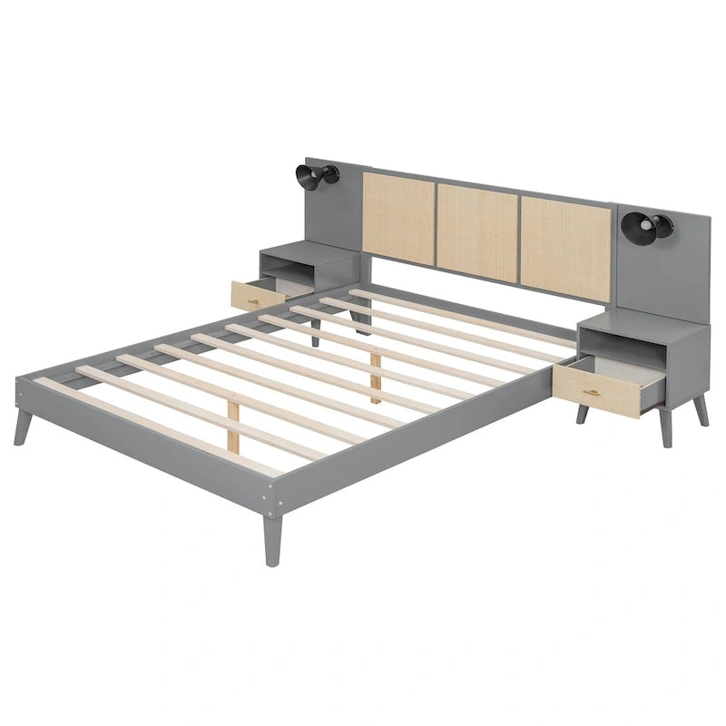 Lit plateforme Queen Size en bois massif avec tables de chevet intégrées et lampes de tête de lit
