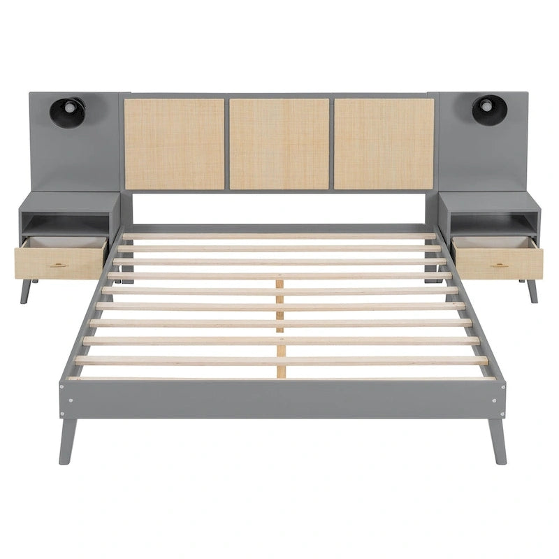 Lit plateforme Queen Size en bois massif avec tables de chevet intégrées et lampes de tête de lit