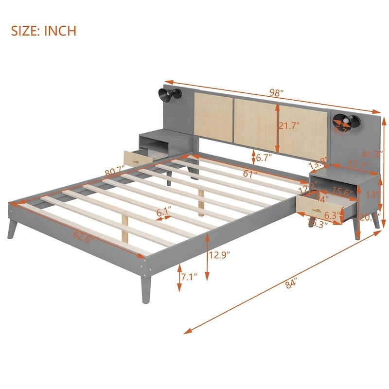 Lit plateforme Queen Size en bois massif avec tables de chevet intégrées et lampes de tête de lit