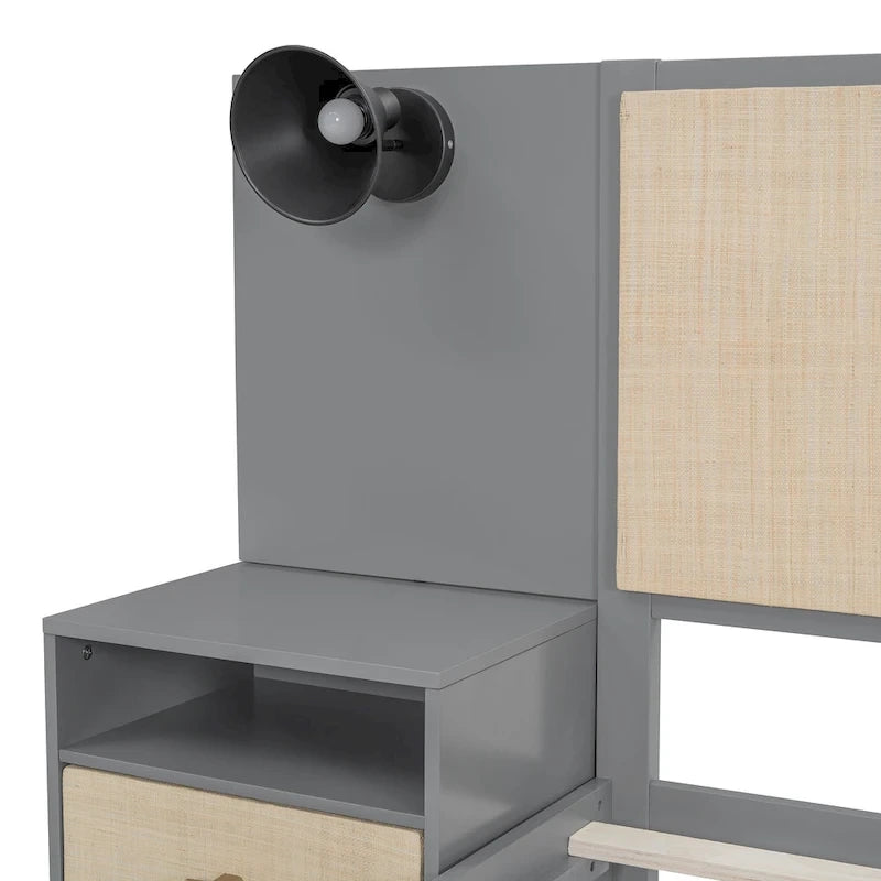 Lit plateforme Queen Size en bois massif avec tables de chevet intégrées et lampes de tête de lit