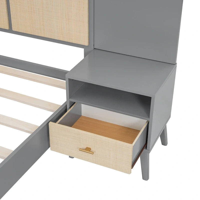 Lit plateforme Queen Size en bois massif avec tables de chevet intégrées et lampes de tête de lit