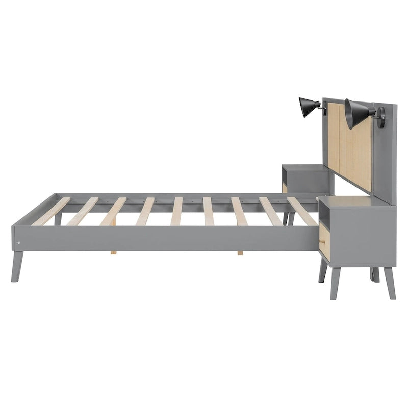 Lit plateforme Queen Size en bois massif avec tables de chevet intégrées et lampes de tête de lit