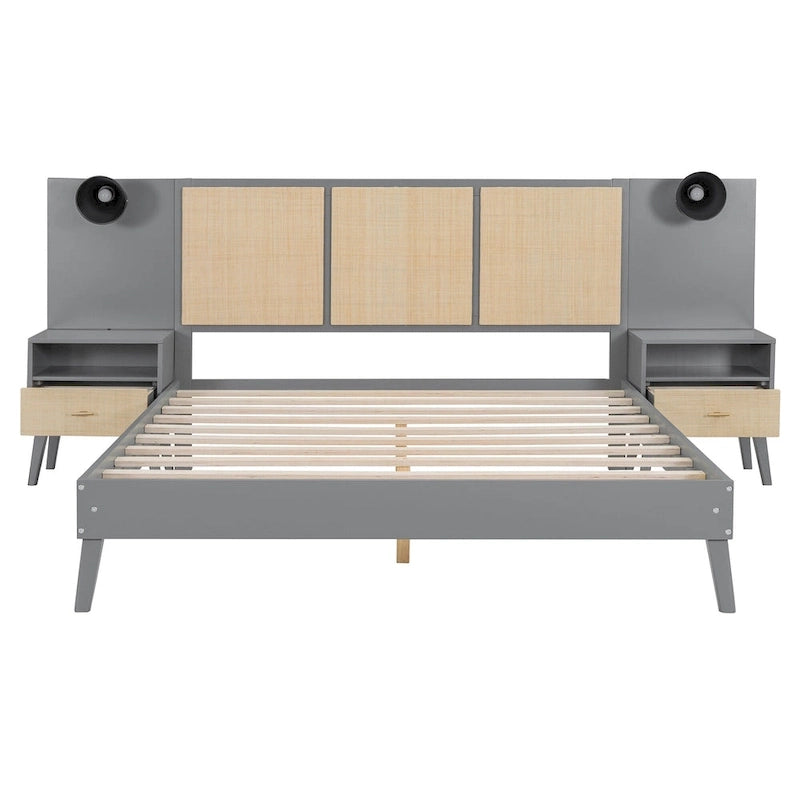 Lit plateforme Queen Size en bois massif avec tables de chevet intégrées et lampes de tête de lit