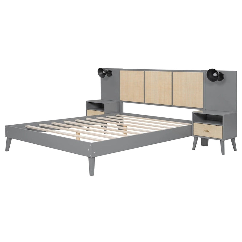 Lit plateforme Queen Size en bois massif avec tables de chevet intégrées et lampes de tête de lit
