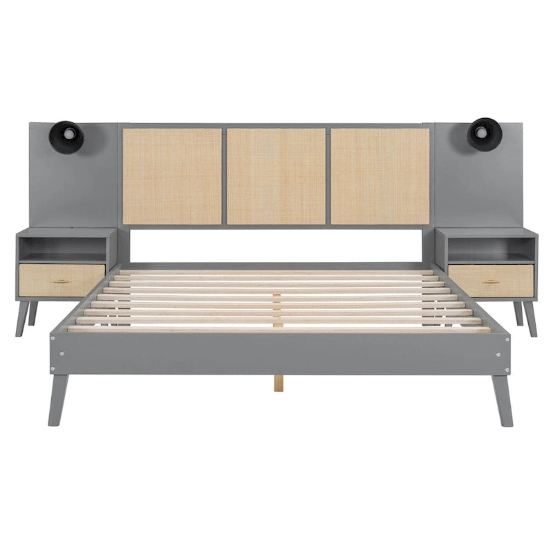 Lit plateforme Queen Size en bois massif avec tables de chevet intégrées et lampes de tête de lit