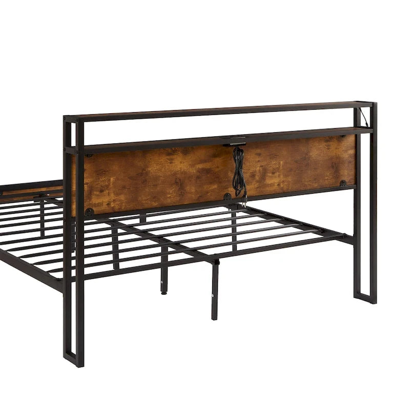 Lit plateforme moderne King Size en métal avec tête de lit en bois et lumières LED pour chambre à coucher
