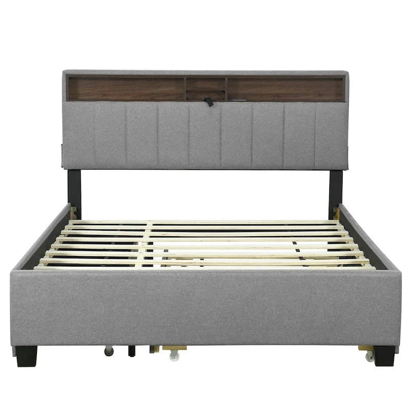 Lit plateforme rembourré avec tête de lit de rangement, gigogne double XL et 2 tiroirs