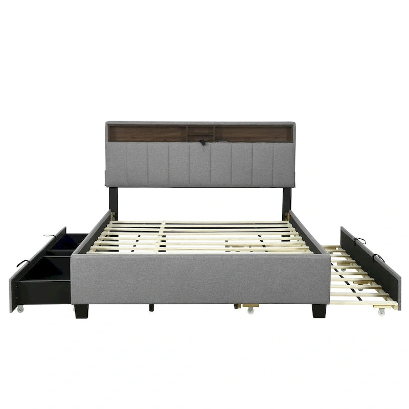 Lit plateforme rembourré avec tête de lit de rangement, gigogne double XL et 2 tiroirs