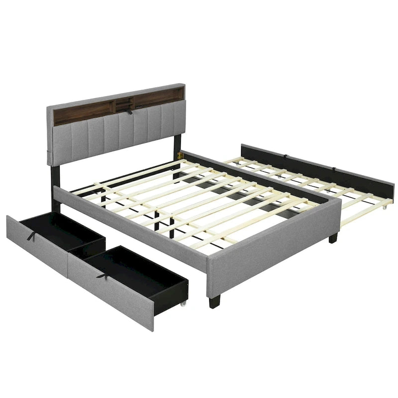 Lit plateforme rembourré avec tête de lit de rangement, gigogne double XL et 2 tiroirs