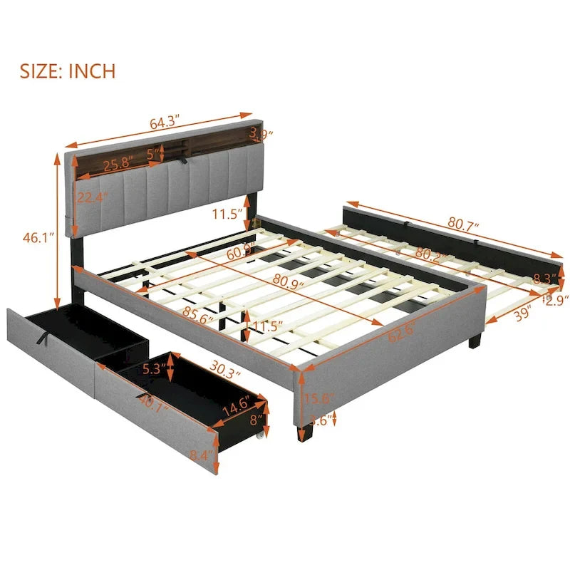 Lit plateforme rembourré avec tête de lit de rangement, gigogne double XL et 2 tiroirs
