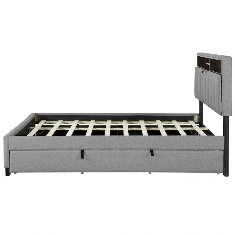 Lit plateforme rembourré avec tête de lit de rangement, gigogne double XL et 2 tiroirs