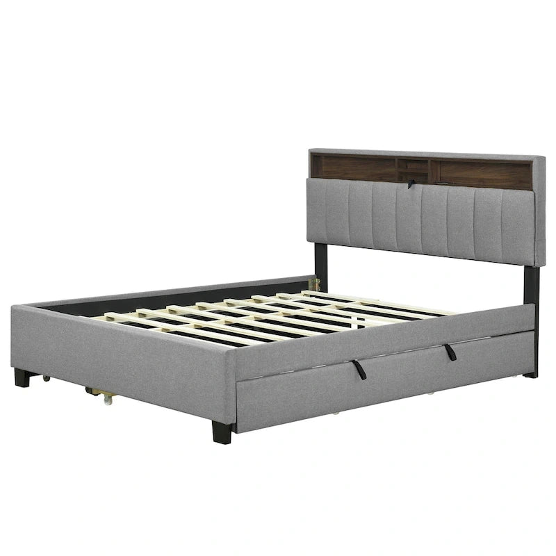 Lit plateforme rembourré avec tête de lit de rangement, gigogne double XL et 2 tiroirs
