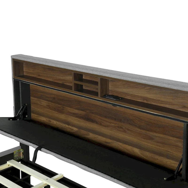 Lit plateforme rembourré avec tête de lit de rangement, gigogne double XL et 2 tiroirs