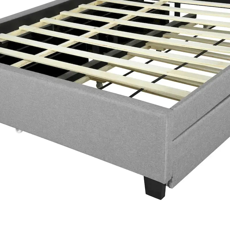 Lit plateforme rembourré avec tête de lit de rangement, gigogne double XL et 2 tiroirs