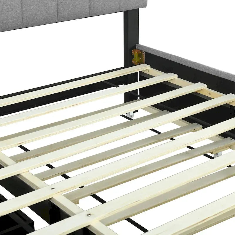 Lit plateforme rembourré avec tête de lit de rangement, gigogne double XL et 2 tiroirs