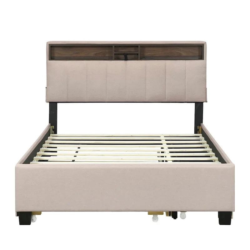Lit plateforme rembourré avec tête de lit de rangement, gigogne double XL et 2 tiroirs