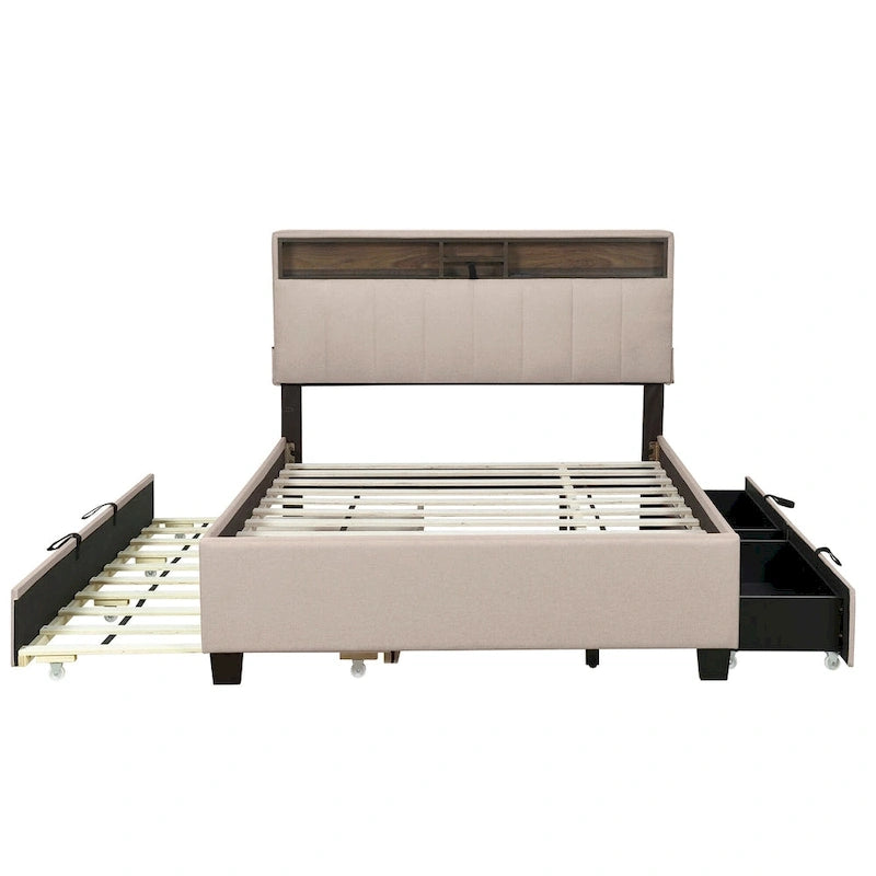 Lit plateforme rembourré avec tête de lit de rangement, gigogne double XL et 2 tiroirs
