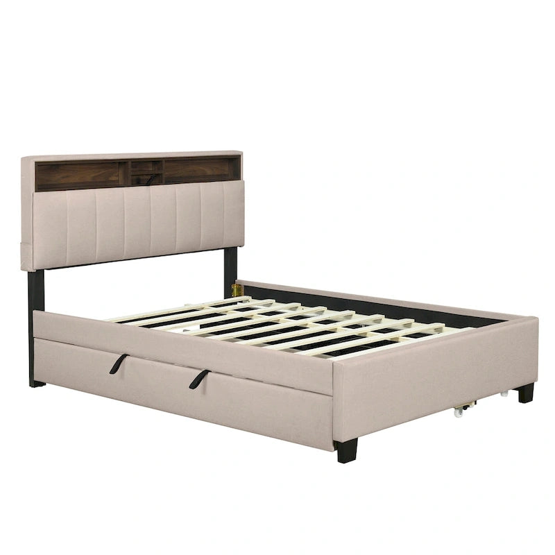 Lit plateforme rembourré avec tête de lit de rangement, gigogne double XL et 2 tiroirs