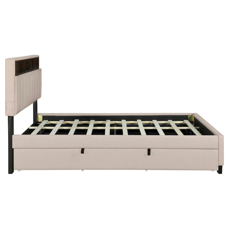 Lit plateforme rembourré avec tête de lit de rangement, gigogne double XL et 2 tiroirs