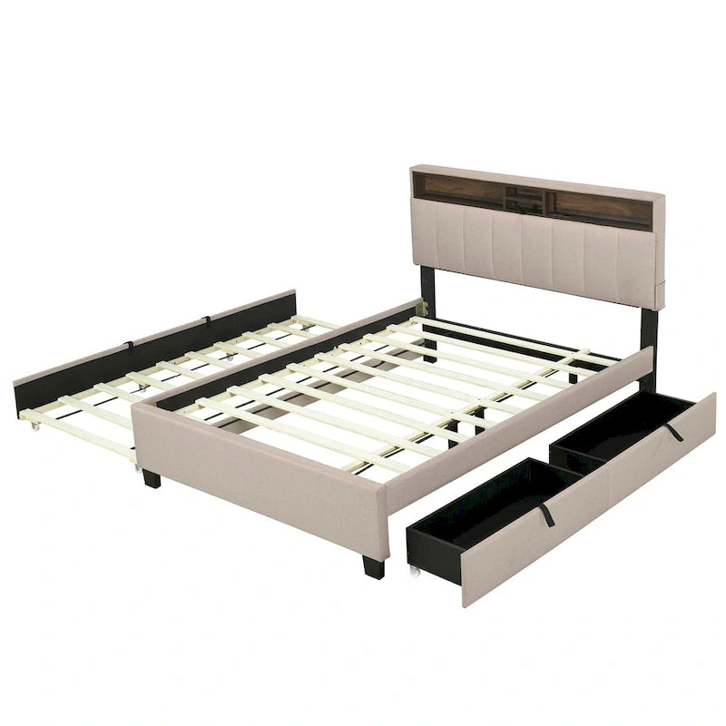 Lit plateforme rembourré avec tête de lit de rangement, gigogne double XL et 2 tiroirs
