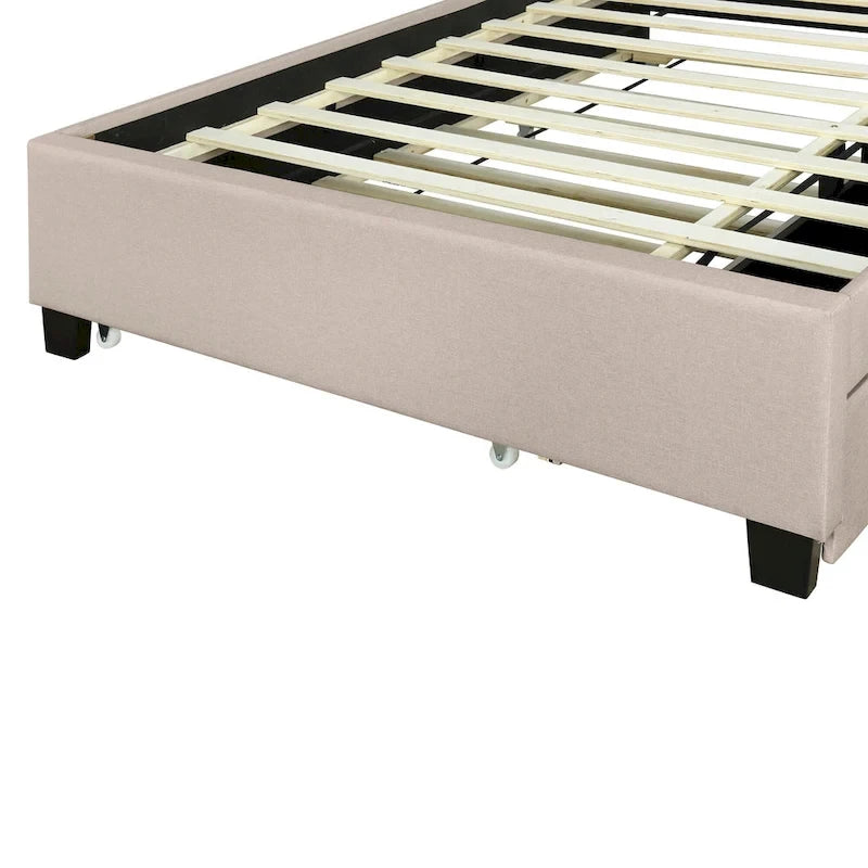 Lit plateforme rembourré avec tête de lit de rangement, gigogne double XL et 2 tiroirs