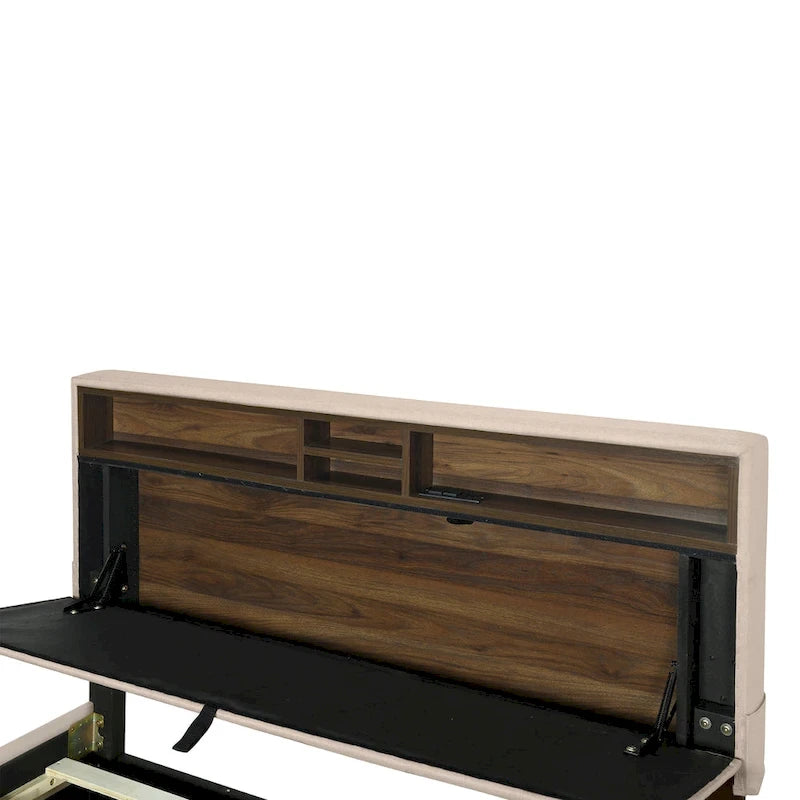 Lit plateforme rembourré avec tête de lit de rangement, gigogne double XL et 2 tiroirs