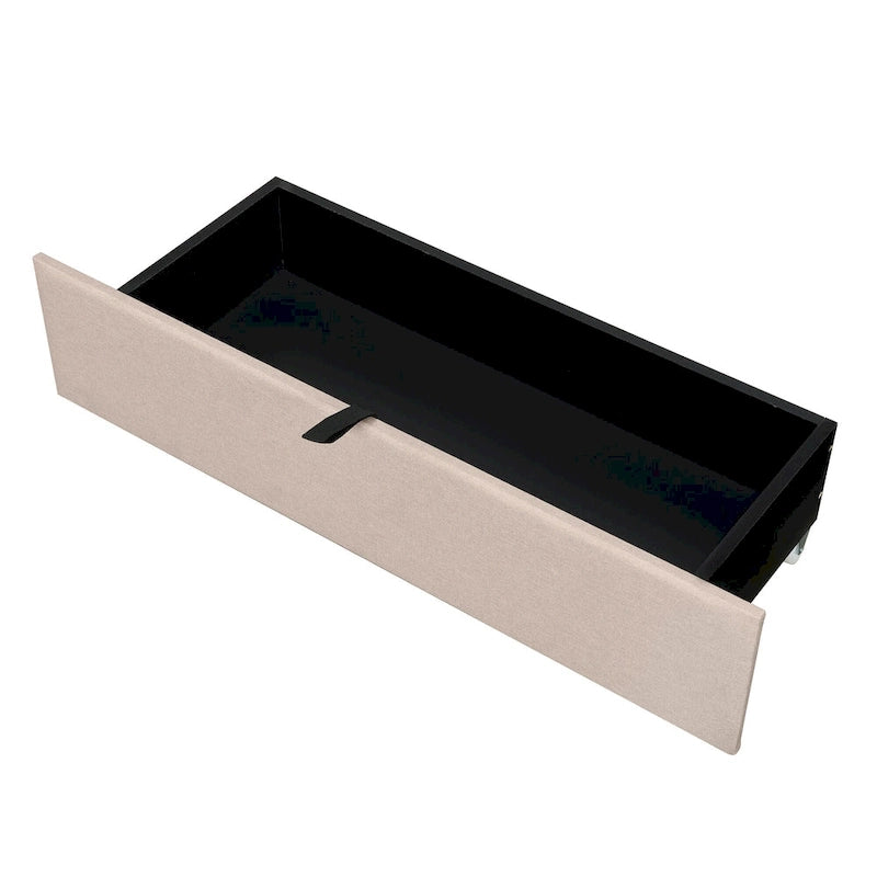 Lit plateforme rembourré avec tête de lit de rangement, gigogne double XL et 2 tiroirs