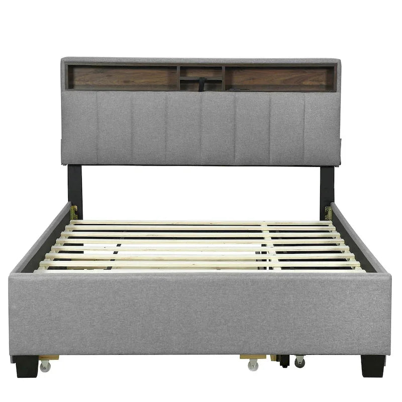 Lit plateforme rembourré avec tête de lit de rangement, gigogne double XL et 2 tiroirs