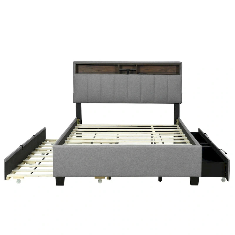 Lit plateforme rembourré avec tête de lit de rangement, gigogne double XL et 2 tiroirs