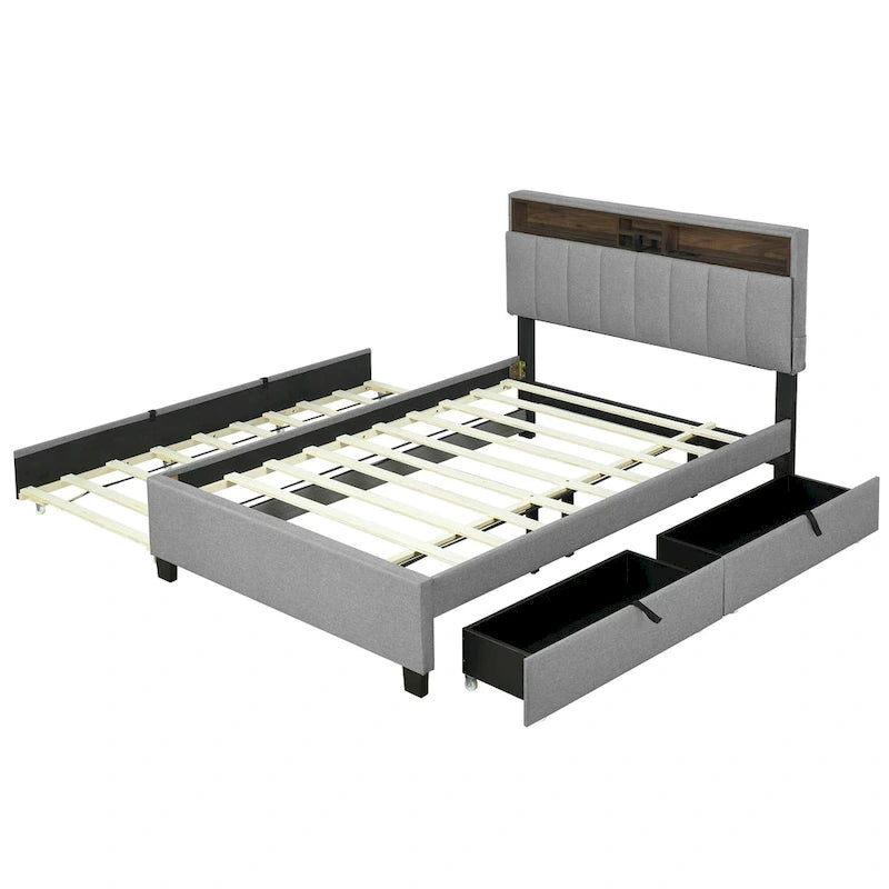 Lit plateforme rembourré avec tête de lit de rangement, gigogne double XL et 2 tiroirs