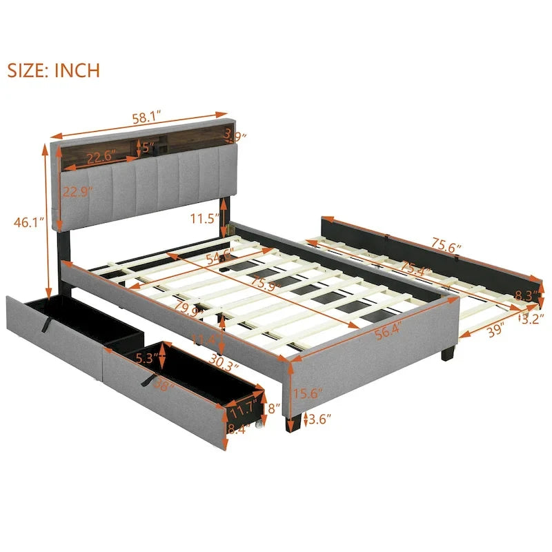 Lit plateforme rembourré avec tête de lit de rangement, gigogne double XL et 2 tiroirs