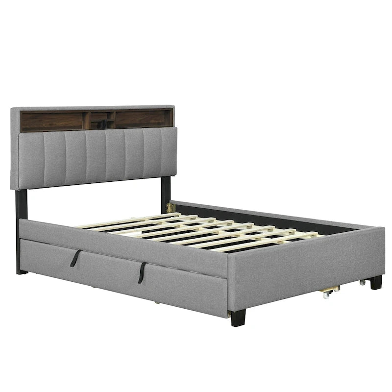 Lit plateforme rembourré avec tête de lit de rangement, gigogne double XL et 2 tiroirs