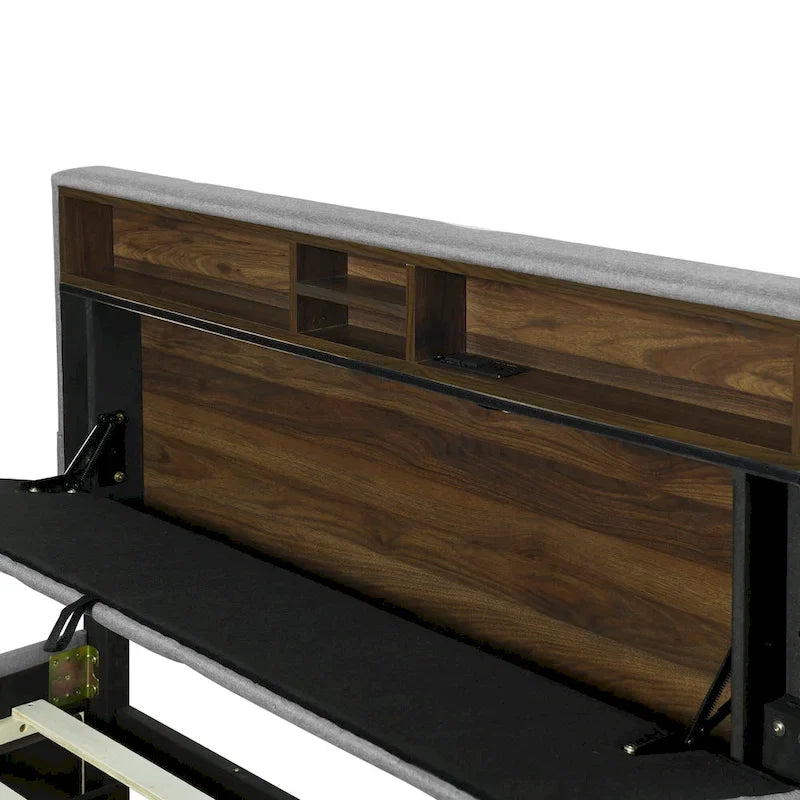 Lit plateforme rembourré avec tête de lit de rangement, gigogne double XL et 2 tiroirs