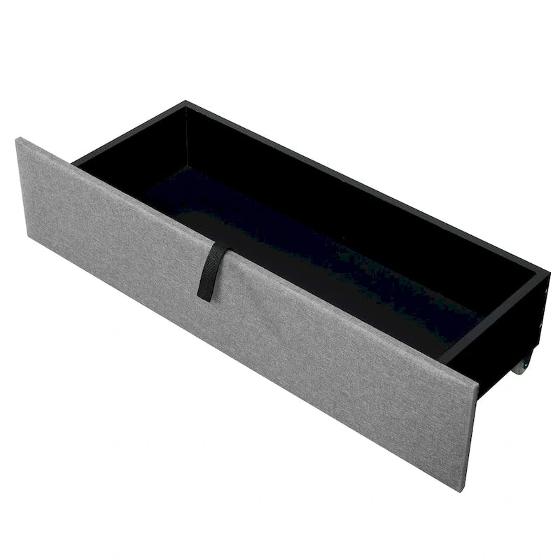 Lit plateforme rembourré avec tête de lit de rangement, gigogne double XL et 2 tiroirs